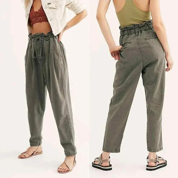 Free People Margate pleated paperbag waist Trouser Pant olive green large - Picture 1 of 8